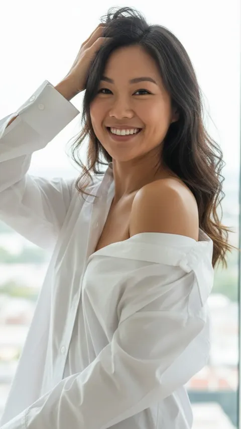 Alisha smiling in a white shirt